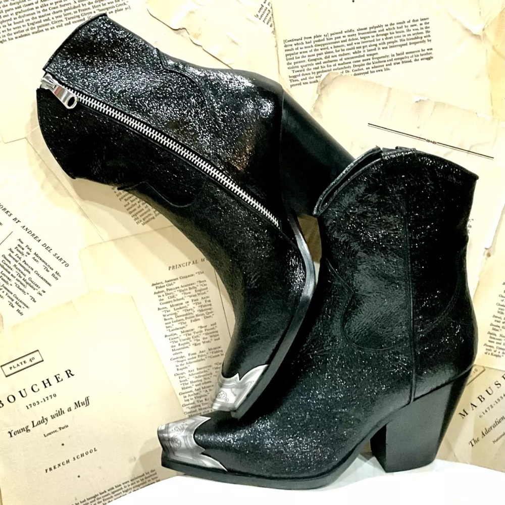 Free People Brayden Western Boot Metallic Black Leather Pewter Etched Tip Zip - Picture 5 of 10